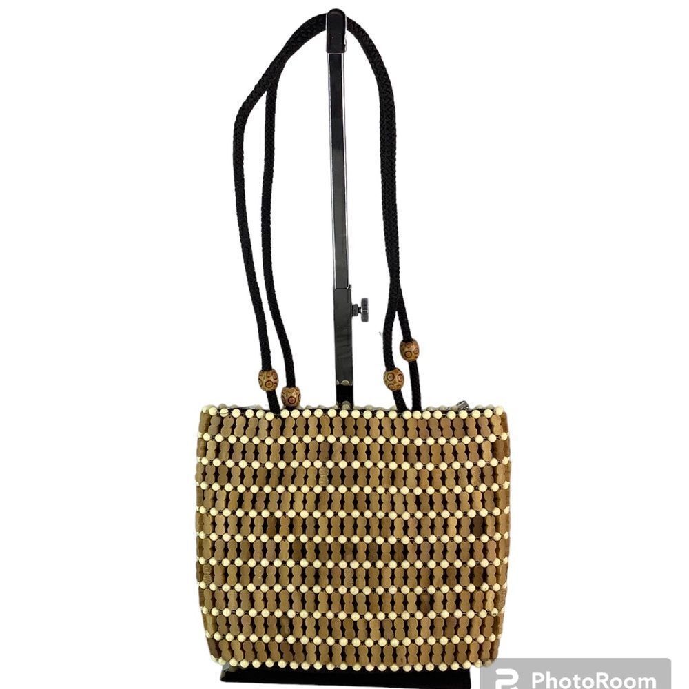 Vintage Light Brown Bamboo Woven Wood Medium Shoulder Purse Handbag